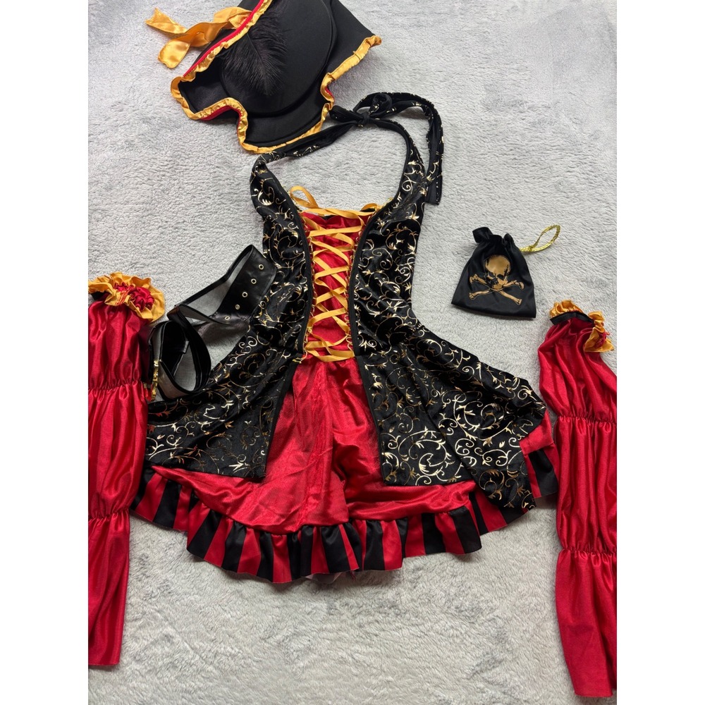 California Costumes Pirate Dress Set Small Black Red Gold 01196 Hat Sleeves